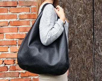 SCHWARZE Oversize Umhängetasche - LEDER HOBO Tasche - Alltagsleder Geldbörse - Weiche Lederhandtasche für Frauen