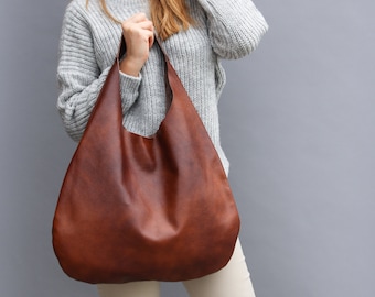 Cognac LEATHER HOBO Bag - BROWN Oversize Shoulder Bag - Everyday Leather Purse - Soft Leather Handbag for Women, Distressed Leather