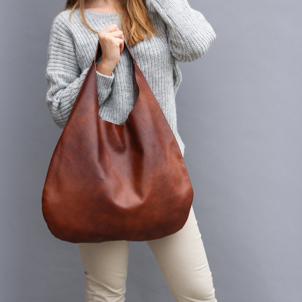 Borsa HOBO in pelle di cognac - Borsa a tracolla oversize marrone - Borsa in pelle di tutti i giorni - Borsa a mano in morbida pelle da donna, pelle distressed