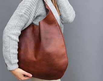 Cognac BROWN Oversize Shoulder Bag - Distressed Leather HOBO Bag - Everyday Leather Purse - Soft Leather Handbag for Women