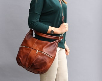 Everyday CROSSBODY LEATHER Purse - Leather Shoulder HOBO Bag - Cognac Brown Leather Handbag - Women's Leather Bag