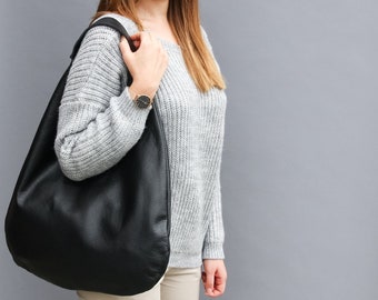 LEATHER HOBO Bag - BLACK Oversize Shoulder Bag - Everyday Leather Purse - Soft Leather Handbag for Women