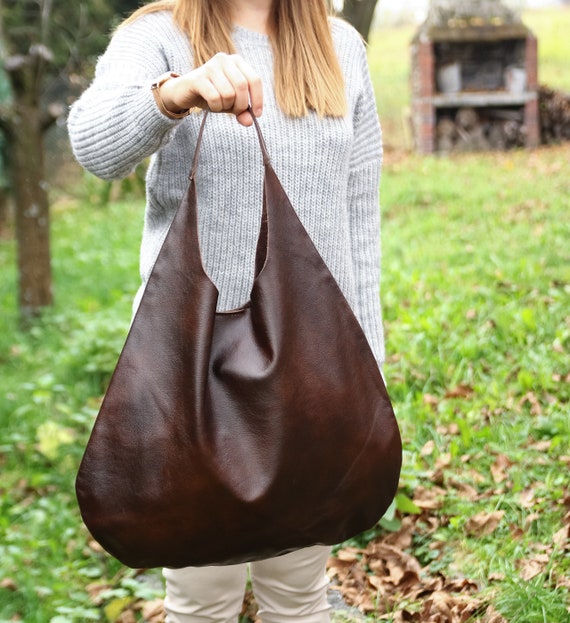 BROWN LEATHER HOBO Bag Oversize Shoulder Bag Everyday 