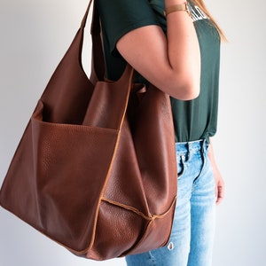 OVERSIZE WEEKENDER, Large Brown Leather Tote, Everyday Foldover Bag, Handbag Women, Chestnut Leather Bag, Large Shoulder Bag, Big Hobo Bag