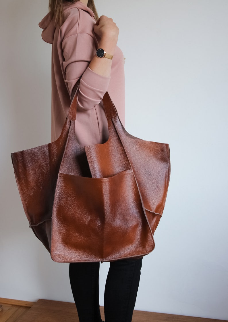 OVERSIZE WEEKENDER BAG, Large Leather Tote, Everyday Foldover Bag, Cognac Brown Handbag Women, Leather Bag, Large Shoulder Bag, Hobo Bag image 4