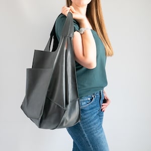 GRAY OVERSIZE HANDBAG, Leather Women Purse, Big Shoulder Bag, Shoulder Hobo Bag, Dark Leather Bag, Large Leather Tote, Everyday Tote image 8