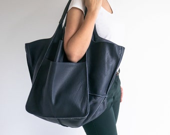 NAVY OVERSIZE HANDBAG, Big Shoulder Bag, Shoulder Hobo Bag, Leather Bag, Large Leather Tote, Everyday Slouchy Tote, Leather Women Purse