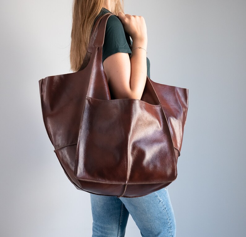 LARGE LEATHER Tote Cognac BROWN Handbag Everyday Foldover Etsy