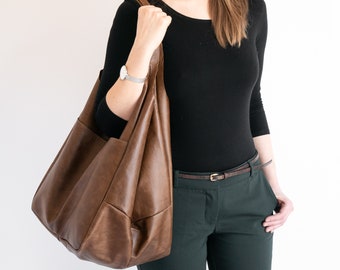 OVERSIZE WEEKENDERTAS, alledaagse opvouwbare tas, grote leren tas, antieke bruine handtas dames, noodlijdend leer, grote schoudertas