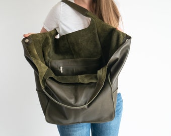 DONKER Olijfgroen OVERSIZE HANDTAS, grote schoudertas, schouderhobotas, leren tas, grote leren tas Slouchy tas, leren damestas