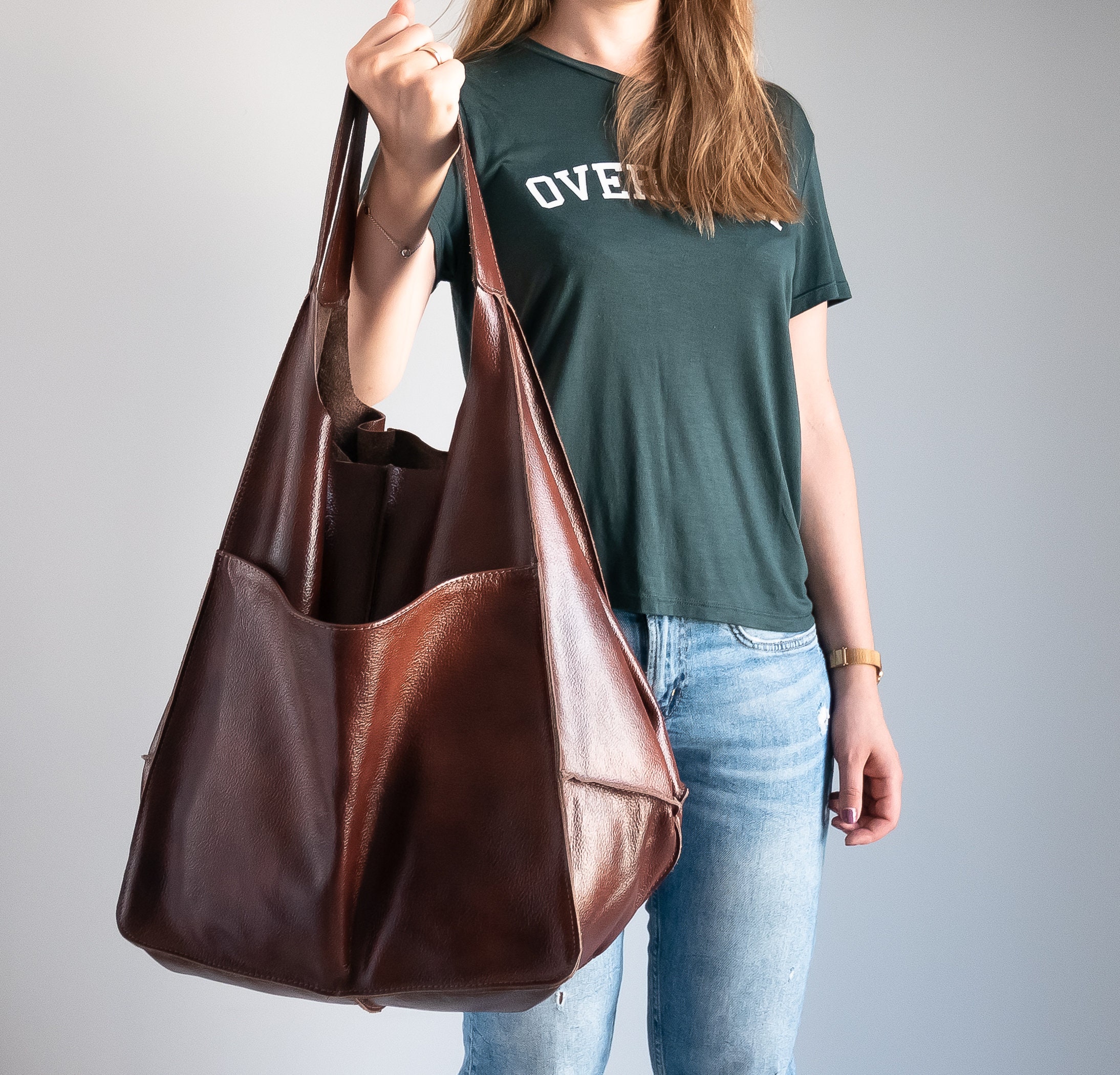 LARGE LEATHER Tote Cognac BROWN Handbag Everyday Foldover Etsy