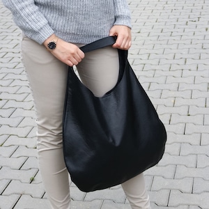 BLACK Oversize Shoulder Bag LEATHER HOBO Bag Everyday Leather Purse Soft Leather Handbag for Women image 9