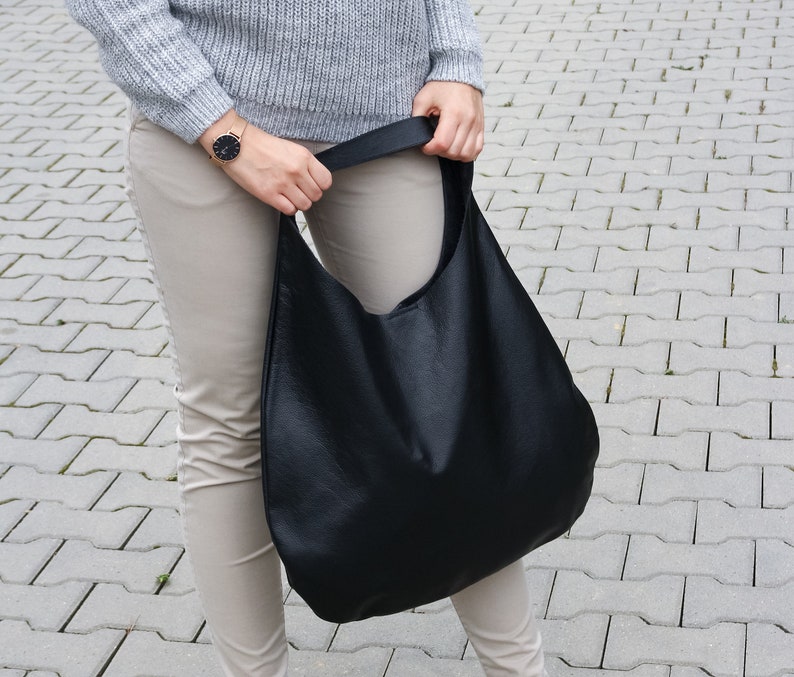 BLACK Oversize Shoulder Bag LEATHER HOBO Bag Everyday Leather Purse Soft Leather Handbag for Women image 9