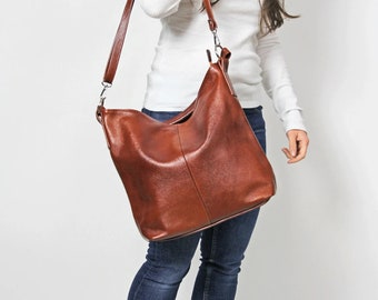 SAC HOBO EN CUIR, sac à main en cuir marron, sac à bandoulière, sac fourre-tout de tous les jours, sac à bandoulière en cuir pour ordinateur portable, sac en cuir marron Cognac, Hobo