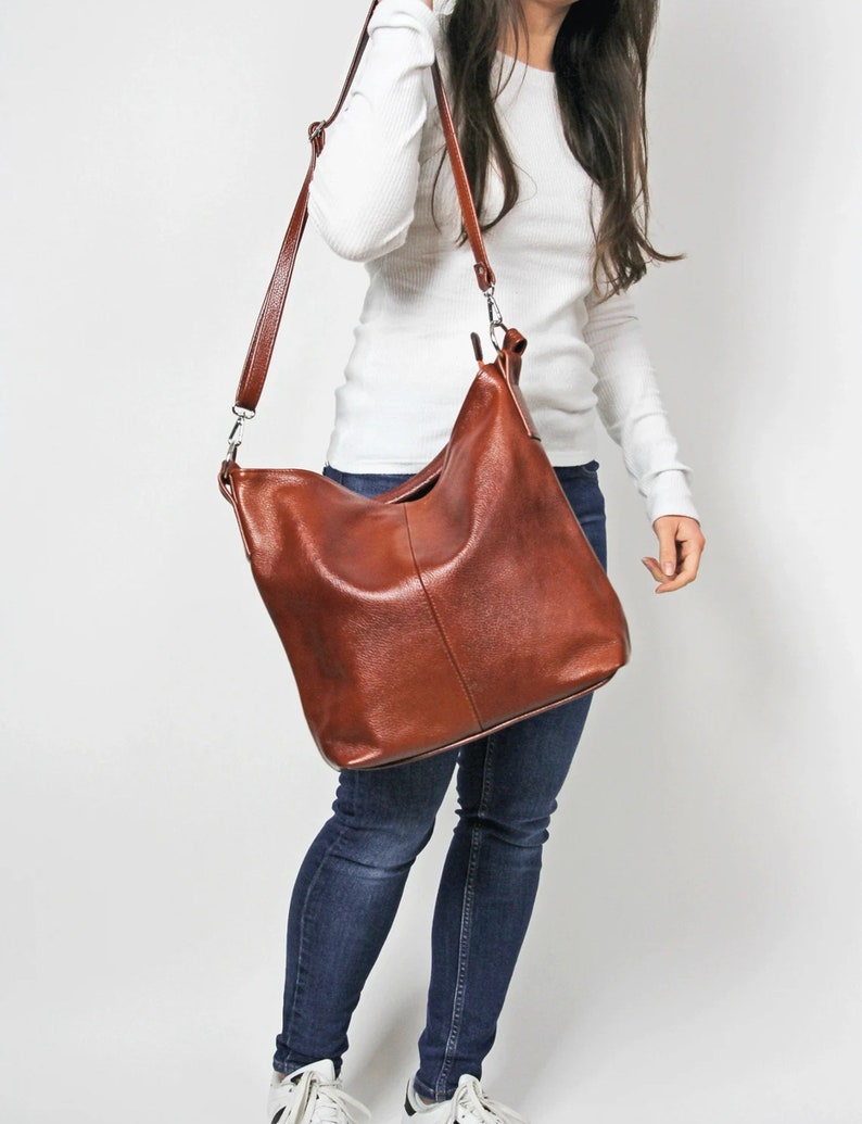 LEATHER HOBO BAG, Brown Leather Handbag, Crossbody Bag, Everyday Tote Bag, Laptop Leather Shoulder Bag, Cognac Brown Leather Bag, Hobo image 1