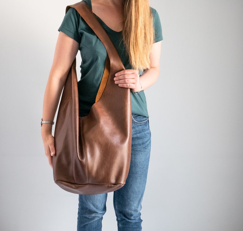 Brown Leather HIPPIE Bag, Hobo Bag, BOHO Bag, Bohemian Leather Hobo Purse, Large Crossbody Hobo Bag, Long Strap, Oversized Brown Boho Bag image 4