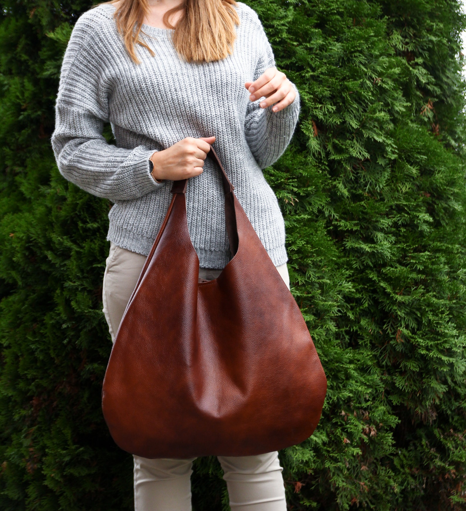 Brown LEATHER HOBO Bag BROWN Oversize Shoulder Bag Etsy
