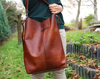 OVERSIZE Brown SHOPPER Bag - Large Leather Shopper - Cognac Brown Tote Bag - Leather Shopper Bag - Xxl Leather Purse