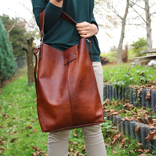 OVERSIZE Brown SHOPPER Bag - Large Leather Shopper - Cognac Brown Torebka na zakupy - Skórzana torba Shopper - Xxl Torebka skórzana