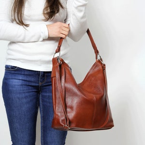 LEATHER HOBO BAG, Brown Leather Handbag, Crossbody Bag, Everyday Tote Bag, Laptop Leather Shoulder Bag, Cognac Brown Leather Bag, Hobo image 2