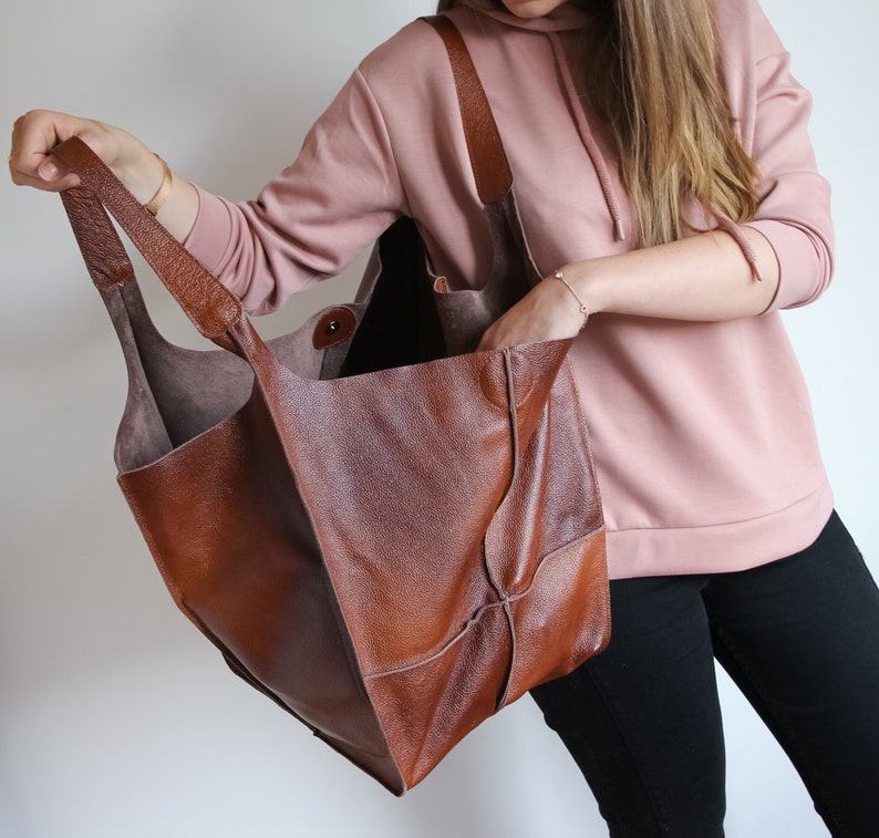 OVERSIZE WEEKENDER BAG, Large Leather Tote, Everyday Foldover Bag, Cognac Brown Handbag Women, Leather Bag, Large Shoulder Bag, Hobo Bag zdjęcie 5