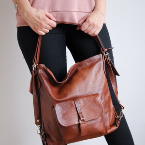 LEATHER BACKPACK PURSE Multi Way Rucksack Leather School Bag Cognac Brown Leather Shoulder Bag zdjęcie 7