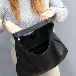 BLACK Oversize Shoulder Bag LEATHER HOBO Bag Everyday Leather Purse Soft Leather Handbag for Women image 7