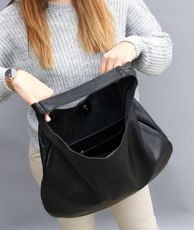 BLACK Oversize Shoulder Bag LEATHER HOBO Bag Everyday Leather Purse Soft Leather Handbag for Women image 7