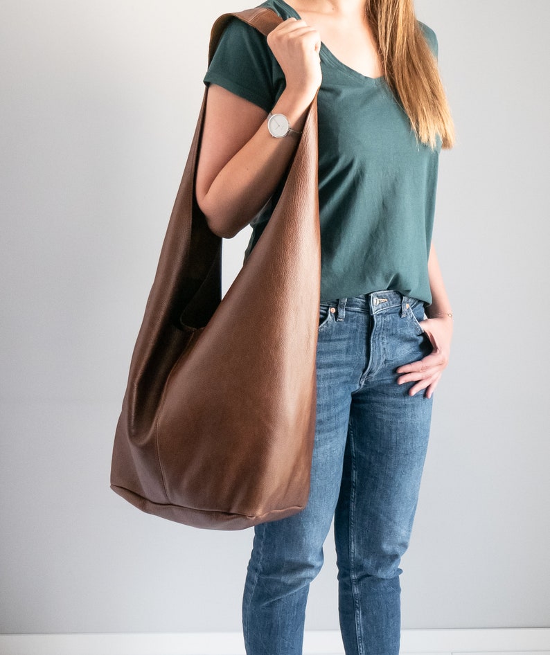 Brown Leather HIPPIE Bag, Hobo Bag, BOHO Bag, Bohemian Leather Hobo Purse, Large Crossbody Hobo Bag, Long Strap, Oversized Brown Boho Bag image 2