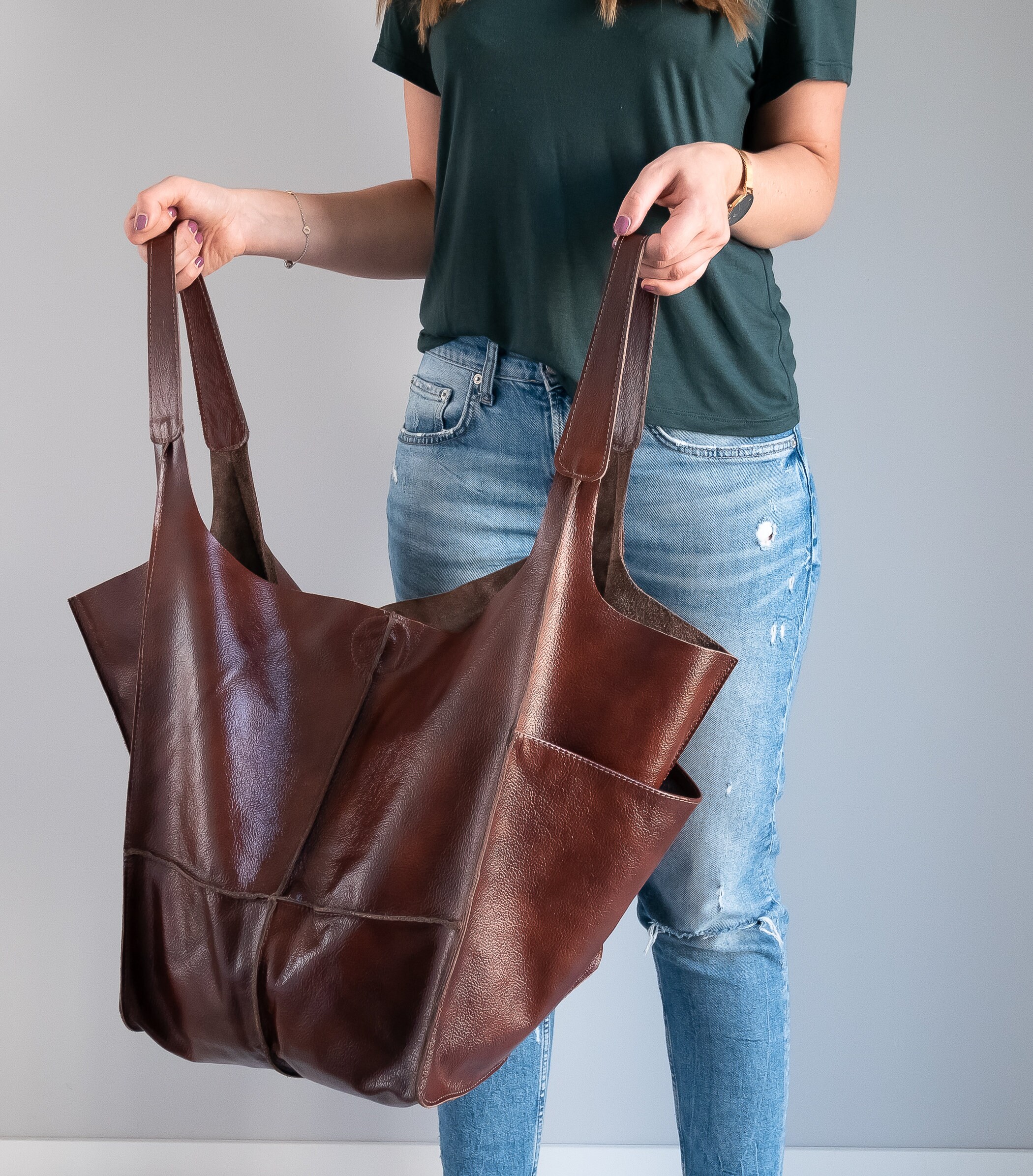 LARGE LEATHER Tote Cognac BROWN Handbag Everyday Foldover | Etsy