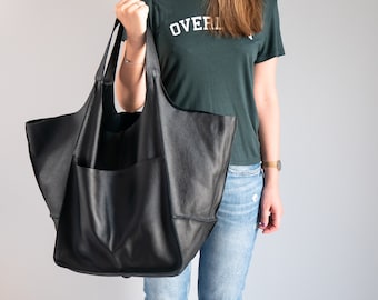 BLACK OVERSIZE HANDBAG, Big Shoulder Bag, Leather Women Purse, Shoulder Hobo Bag, Leather Bag, Large Leather Tote, Everyday Slouchy Tote