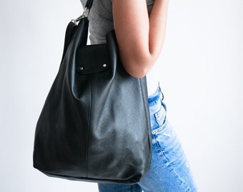 OVERSIZE BLACK SHOPPER Bag - Large Leather Shopper - Black Tote Bag - Leather Shopper Bag - Xxl Leather Purse