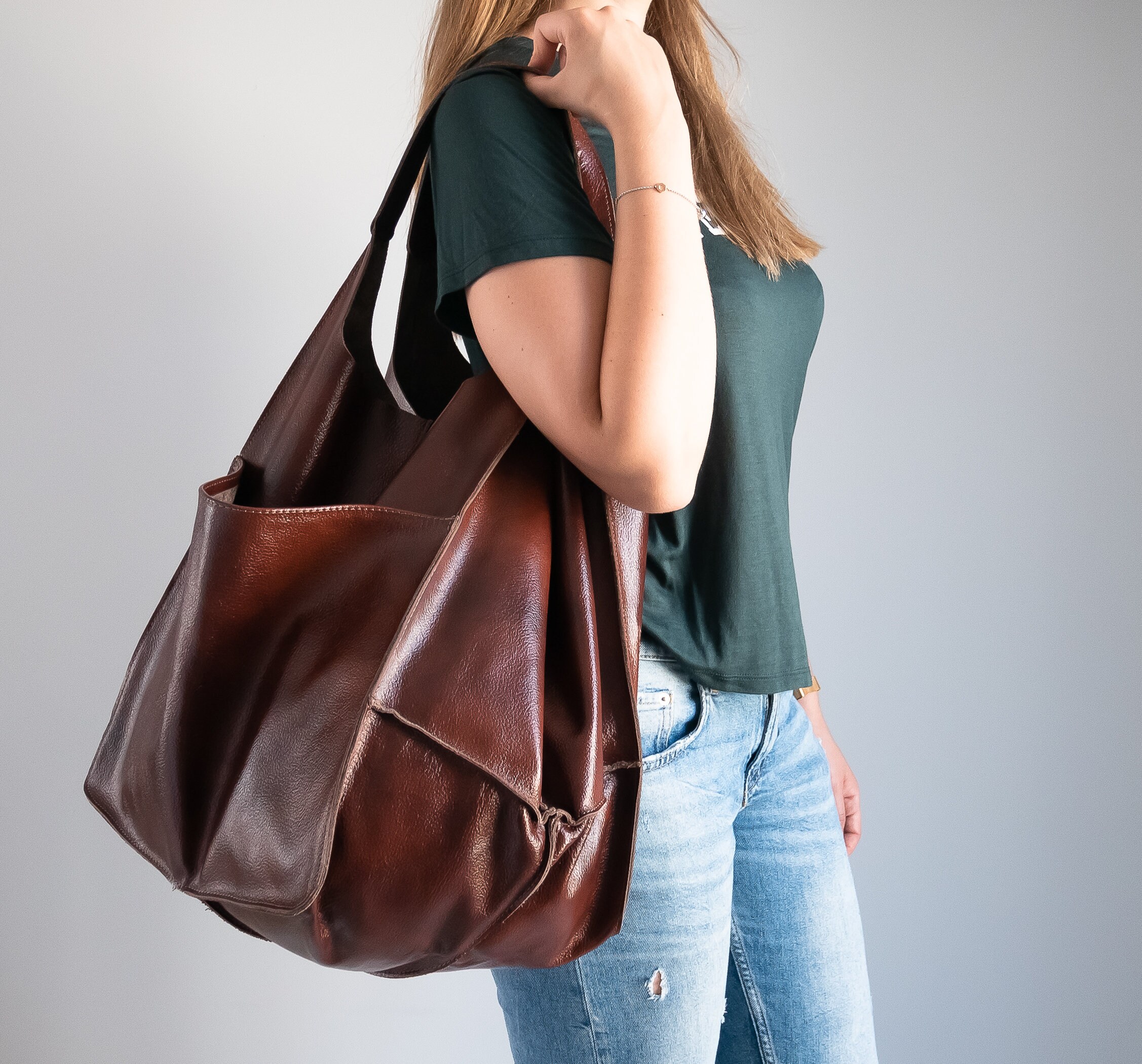 LARGE LEATHER Tote Cognac BROWN Handbag Everyday Foldover Etsy