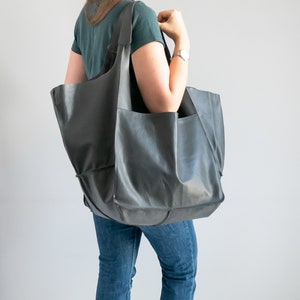 GRAY OVERSIZE HANDBAG, Leather Women Purse, Big Shoulder Bag, Shoulder Hobo Bag, Dark Leather Bag, Large Leather Tote, Everyday Tote image 2