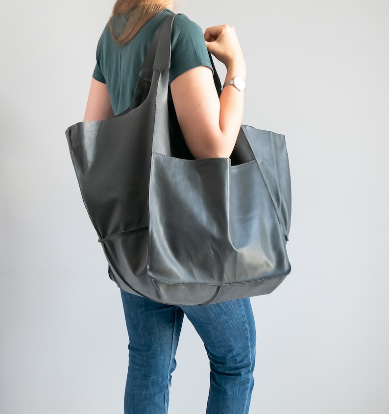 GRAY OVERSIZE HANDBAG, Leather Women Purse, Big Shoulder Bag, Shoulder Hobo Bag, Dark Leather Bag, Large Leather Tote, Everyday Tote image 2