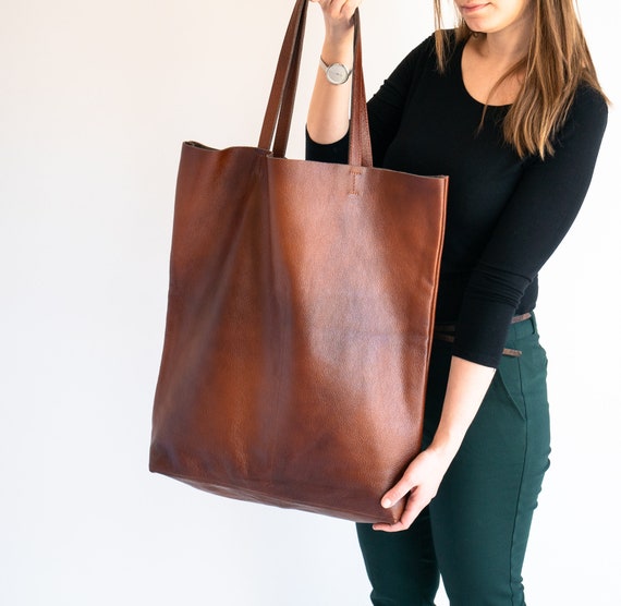 Huge Bag, Cognac Brown Oversized Bag, Tall Brown Leather Tote Bag