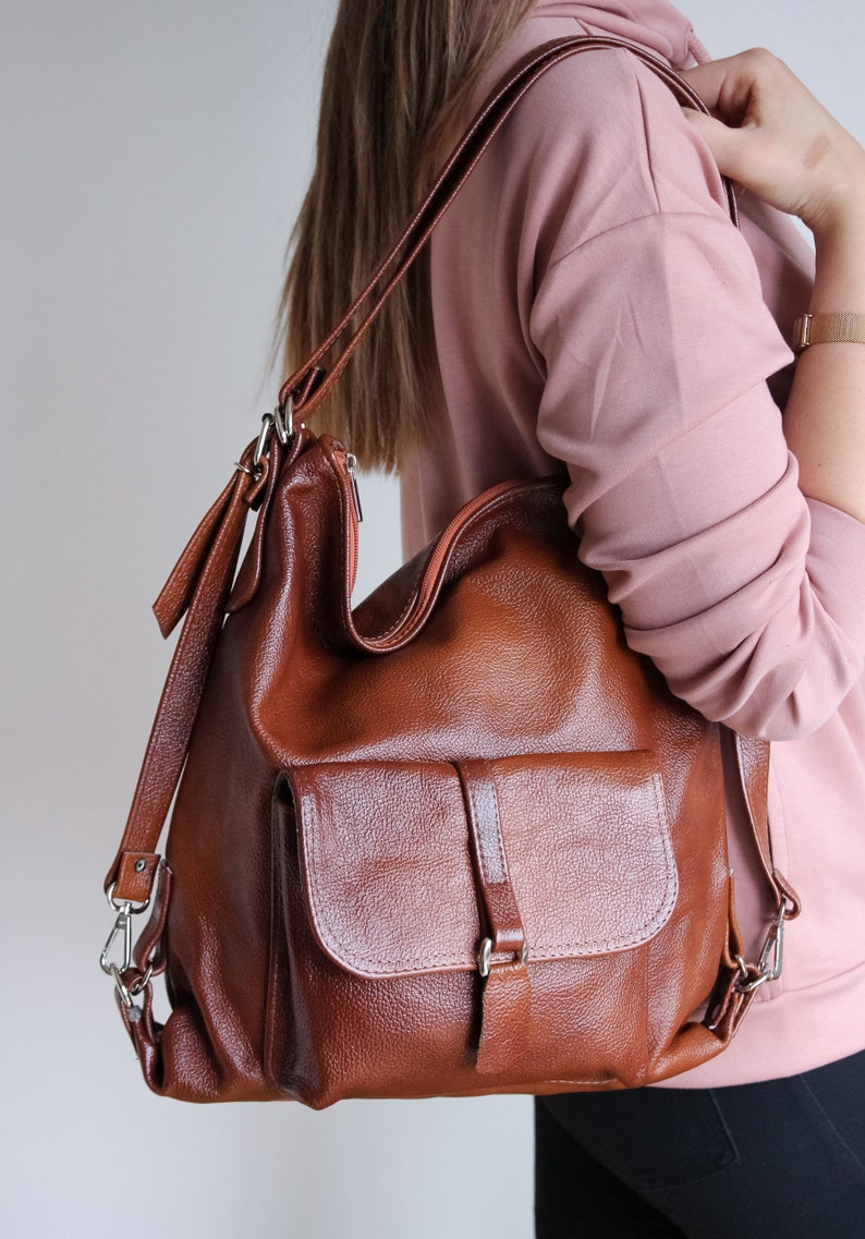 BROWN LEATHER BACKPACK Purse Convertible Leather Handbag Laptop School Bag Cognac Leather Rucksack image 5