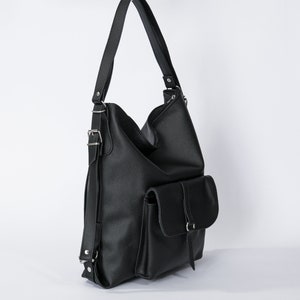 BLACK LEATHER BACKPACK Purse Convertible Leather Handbag Laptop School Bag Leather Rucksack zdjęcie 9