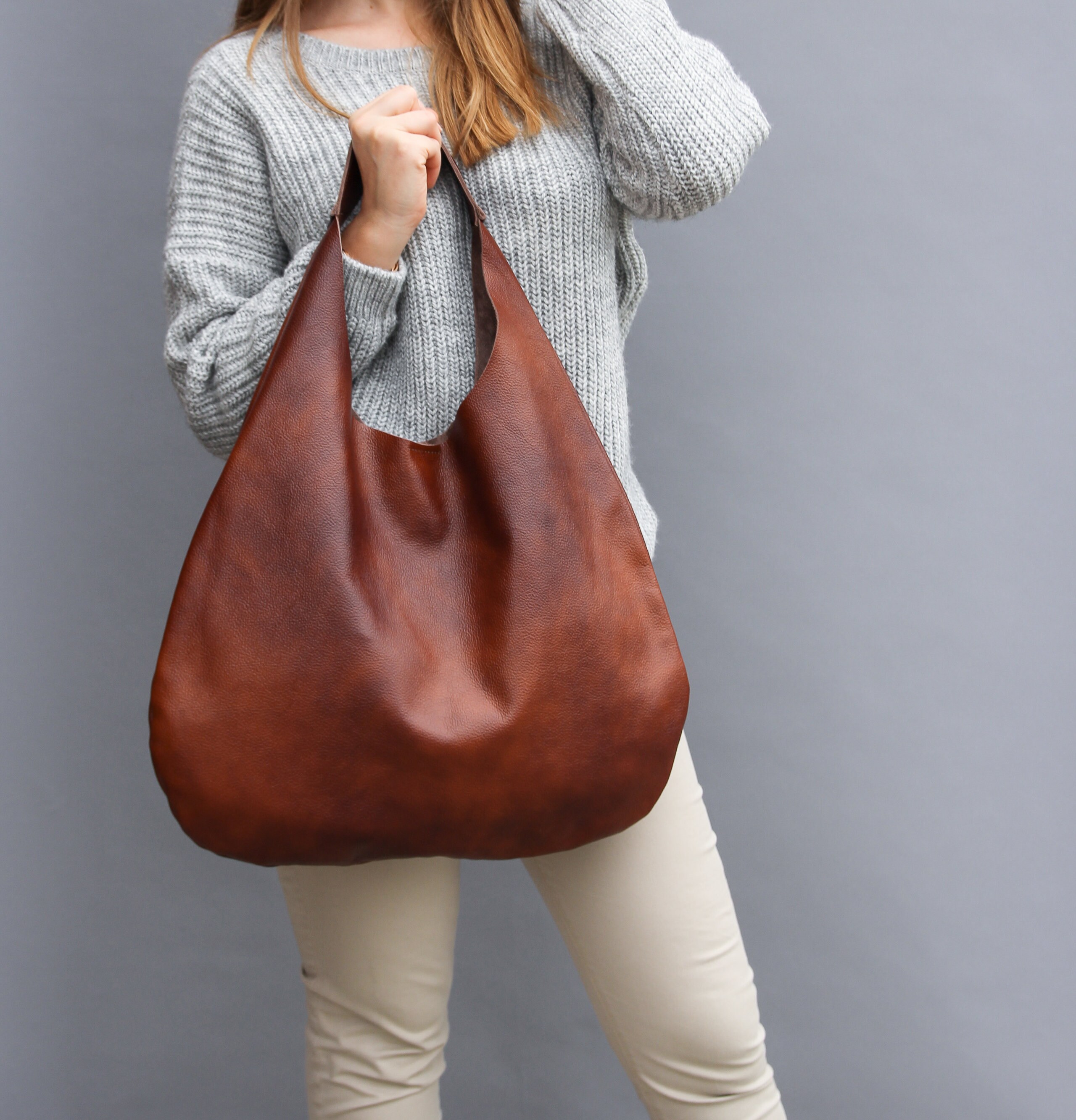 Cognac BROWN Oversize Shoulder Bag Distressed Leather HOBO Etsy