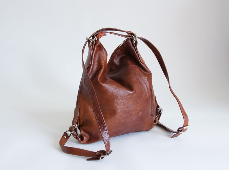 BROWN LEATHER BACKPACK Purse Convertible Leather Handbag Laptop School Bag Cognac Leather Rucksack Black