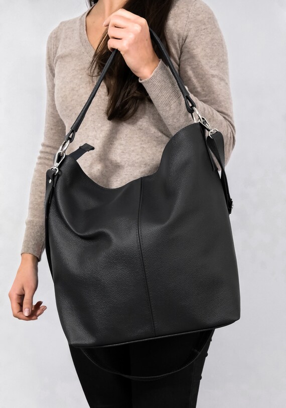 BLACK Oversize Shoulder Bag LEATHER HOBO Bag Everyday 