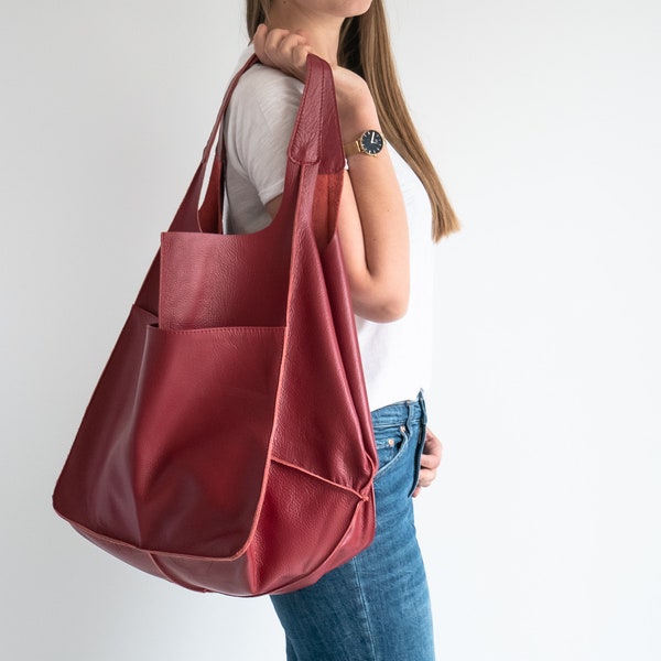 RED SHOULDER HOBO Bag, Large Leather Tote, Oversize Leather Bag, Everyday Slouchy Tote Handbag, Big Shoulder Bag, Leather Women Purse