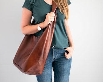 COGNAC Oversize torba BOHO, brązowa skórzana torba HIPPIE, duża torba Hobo Crossbody + szeroki pasek, Boho, torba Hobo, torebka Boho skórzana Hobo