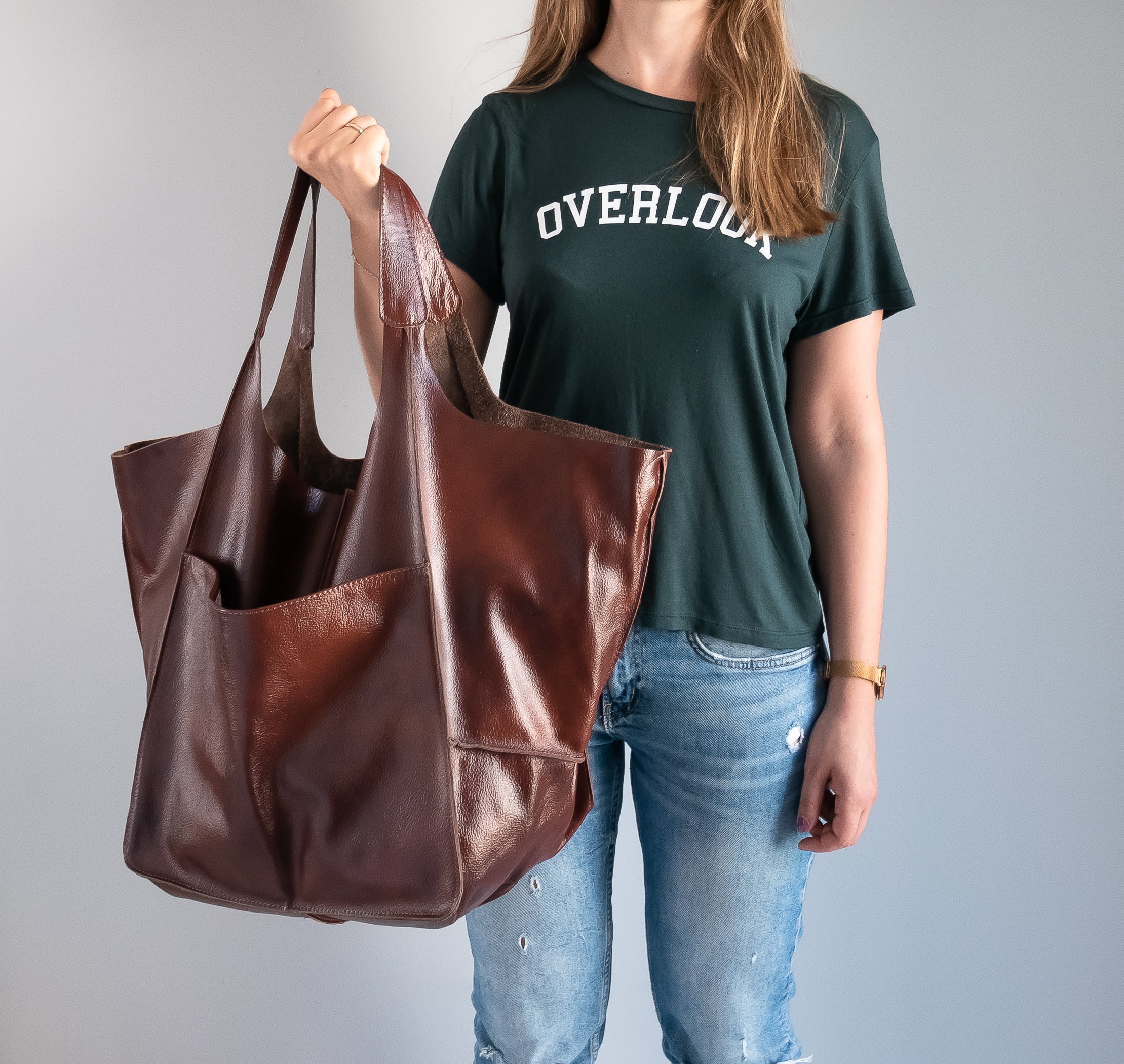 LARGE LEATHER Tote Cognac BROWN Handbag Everyday Foldover Etsy