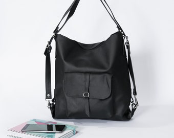 BLACK LEATHER BACKPACK Purse - Convertible Leather Handbag - Laptop School Bag - Leather Rucksack