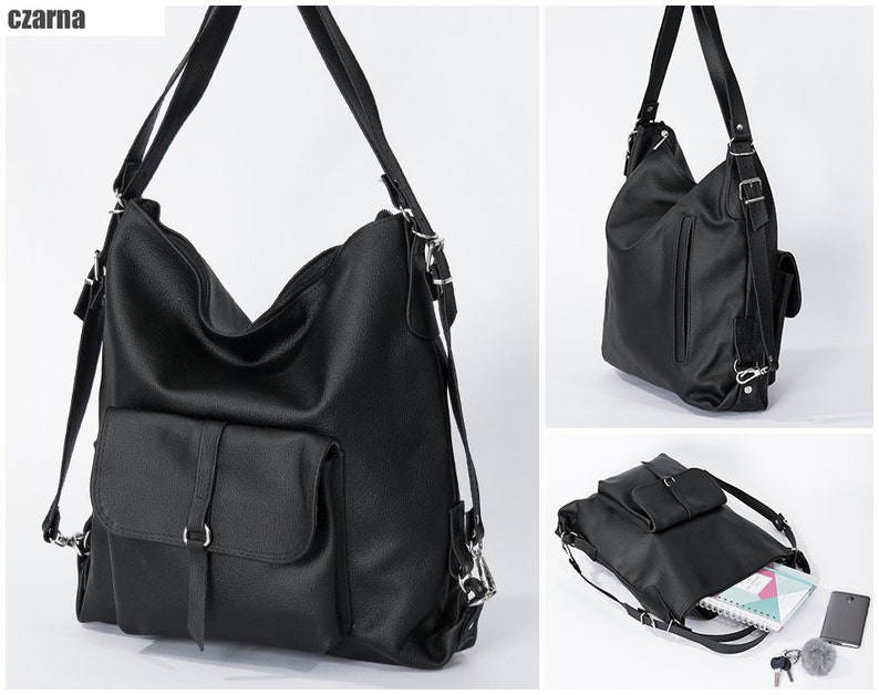 BLACK LEATHER BACKPACK Purse Convertible Leather Handbag Laptop School Bag Leather Rucksack zdjęcie 7