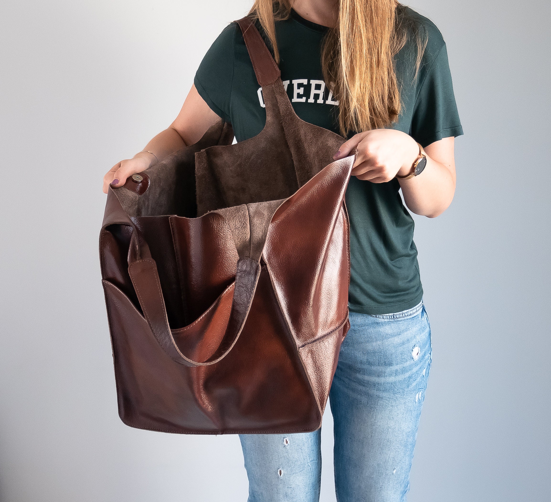 LARGE LEATHER Tote Cognac BROWN Handbag Everyday Foldover Etsy