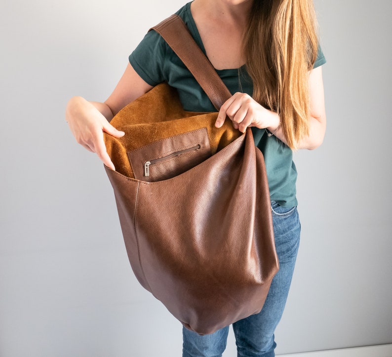 Brown Leather HIPPIE Bag, Hobo Bag, BOHO Bag, Bohemian Leather Hobo Purse, Large Crossbody Hobo Bag, Long Strap, Oversized Brown Boho Bag image 8