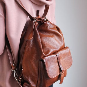 BROWN LEATHER BACKPACK Purse Convertible Leather Handbag Laptop School Bag Cognac Leather Rucksack image 3