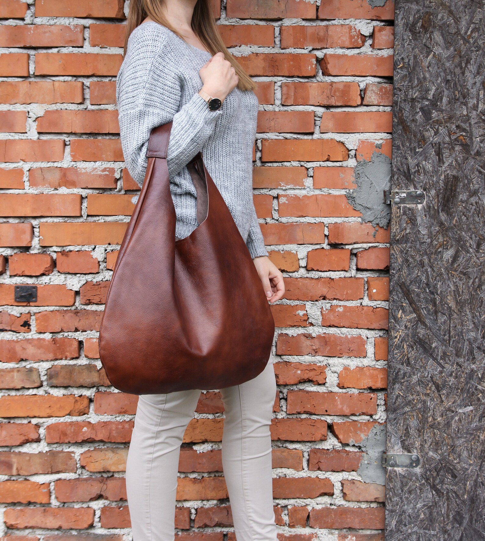 Brown LEATHER HOBO Bag BROWN Oversize Shoulder Bag Etsy